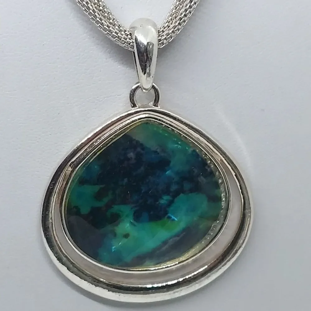 Faux‎ abalone silver tone double strand necklace signed